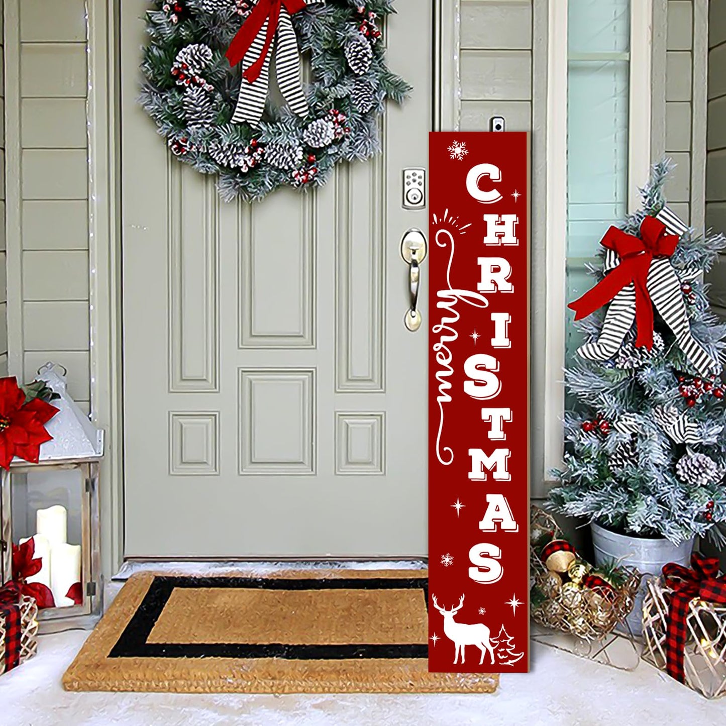 Merry Christmas Wooden Welcome Sign Vertical Porch Sign - Reindeer Snowflake Forest Wooden Wall Art Sign - Christmas Hanging Signs Decorations for Front Door Wall Display,47.2" H
