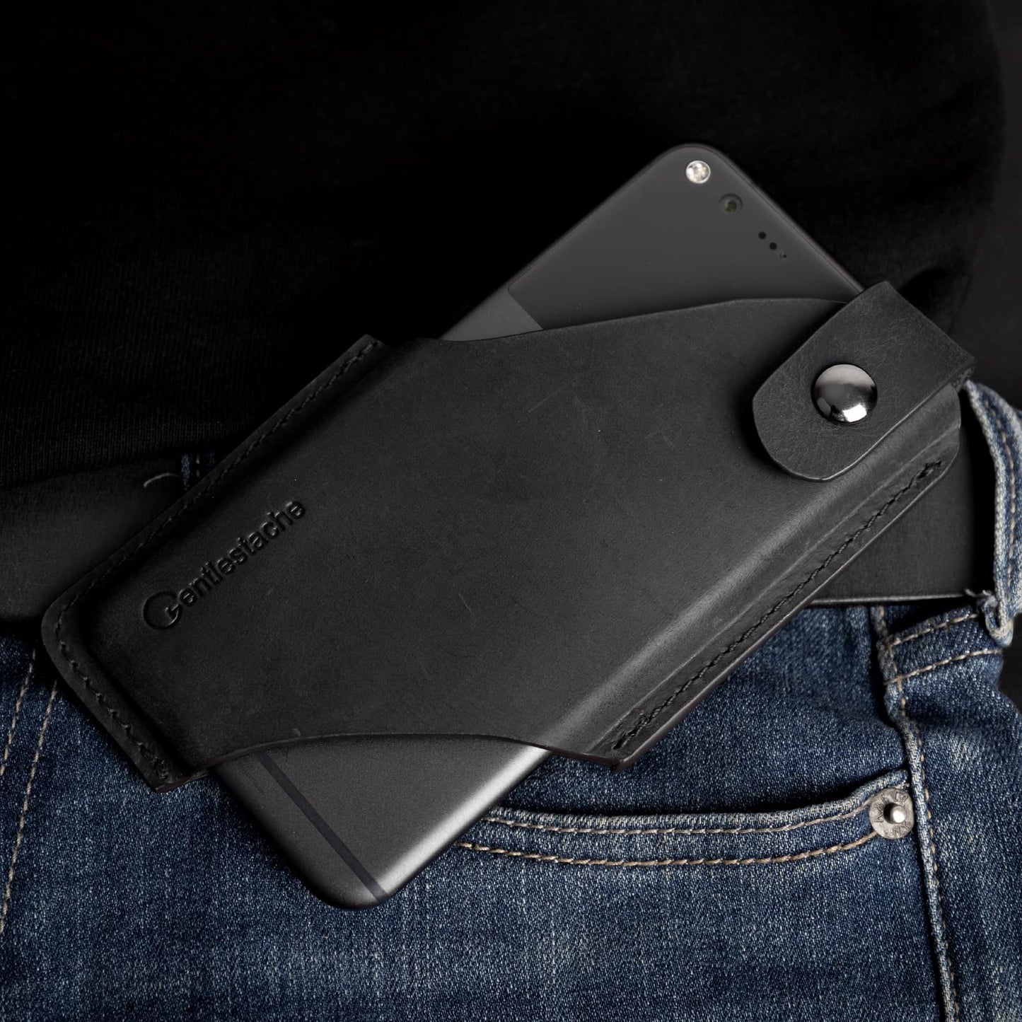 Gentlestache Leather Cell Phone Holster with Belt Clip,Leather Phone Pouch for iPhone Samsung Motorola,Belt Case with Belt Loops,Leather Phone Case on Belt,Cell Phone Sheath,Large Size,Black
