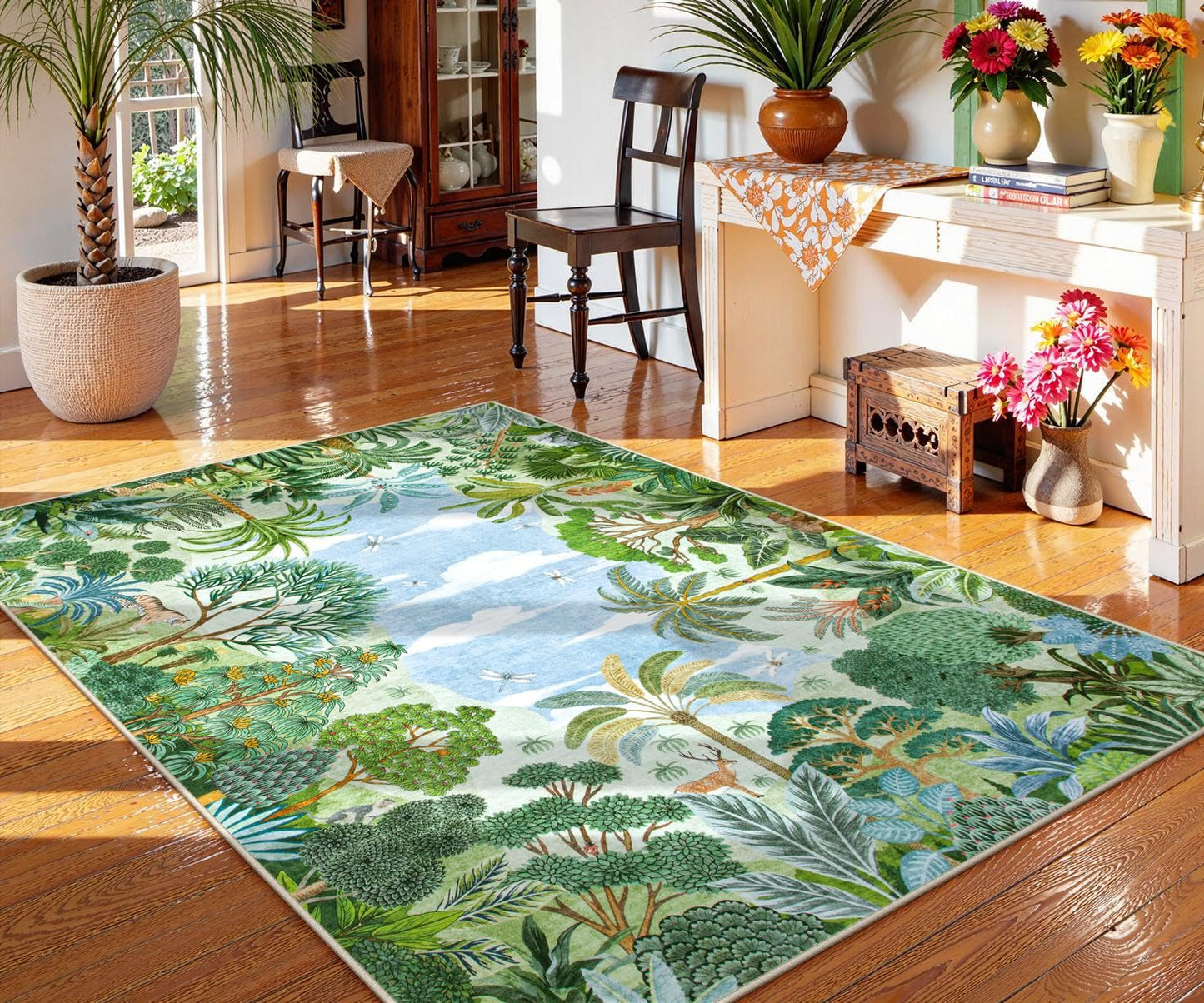 Lahome Jovence Summer Jungle Rug, Washable Rugs 5x7 for Bedroom, Green Forest Soft Carpet for Living Room, Summer Season Non Slip Non Shedding Dining Room Carpet for Under Table Classroom Entryway