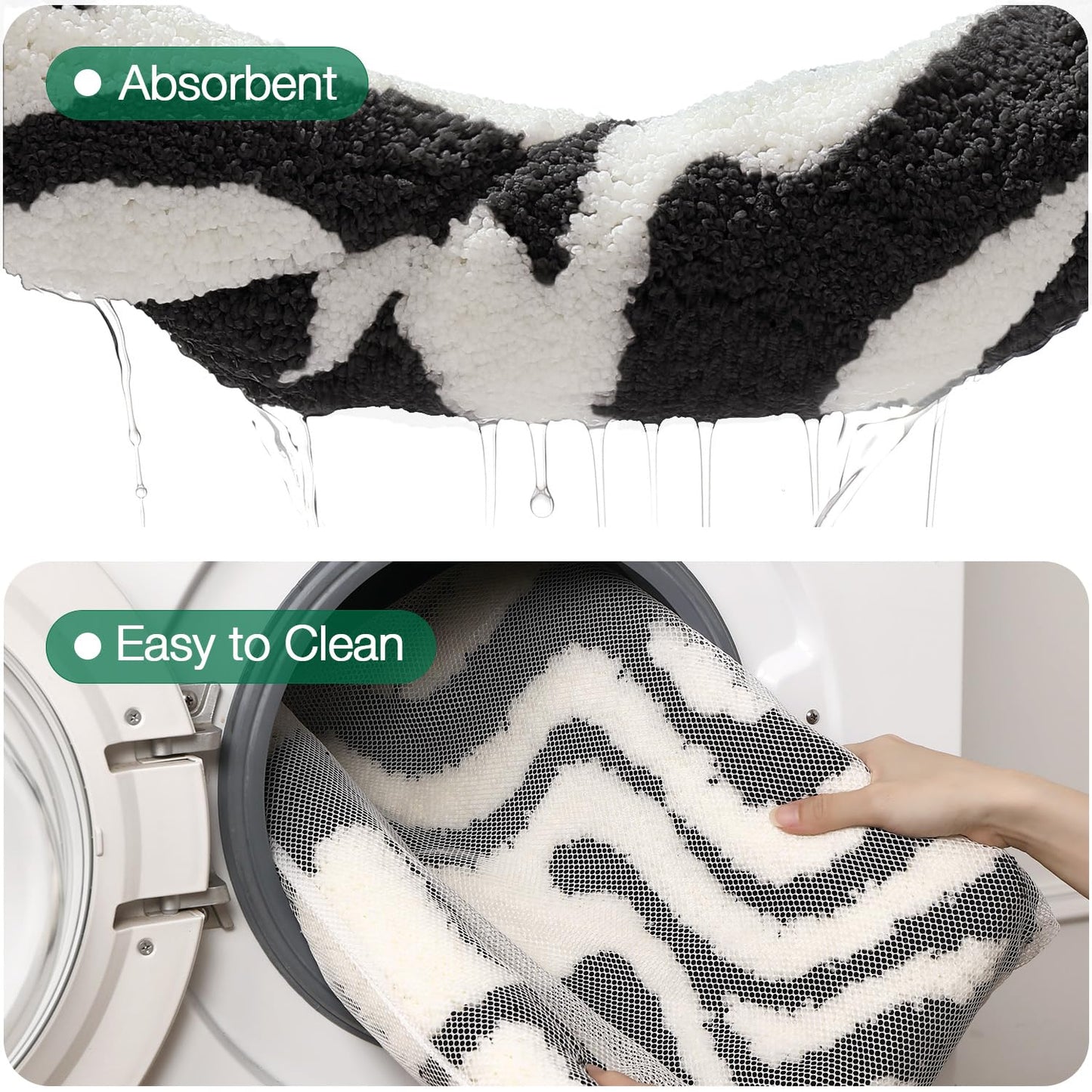 LUMI Non Slip Bathroom Rug Modern Aesthetic, Ultra Soft Absorbent Washable Bath Mats, Quick Dry Premium Floor Rugs for Shower, Tub, Black and White, 24x43