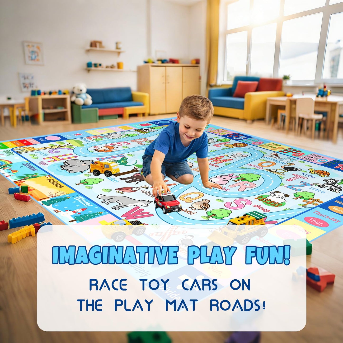 HBUFBUQ 4.5x6 Feet Kids Rugs for Playroom Bedroom, Educational ABC Alphabet Area Rug with Animals Numbers Seasons, Washable Play Mat for Classroom Nursery, Boys Girls Non Slip Learning Carpet