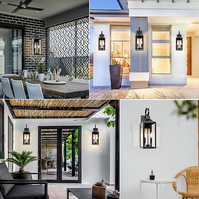 19" Black Outdoor Wall Lantern 2-Light, Large Outside Modern Porch Sconce Light Fixture, Industrial Porch Light Wall Mount with Glass, Waterproof Farmhouse Exterior Lamp Lighting (1 Pack)