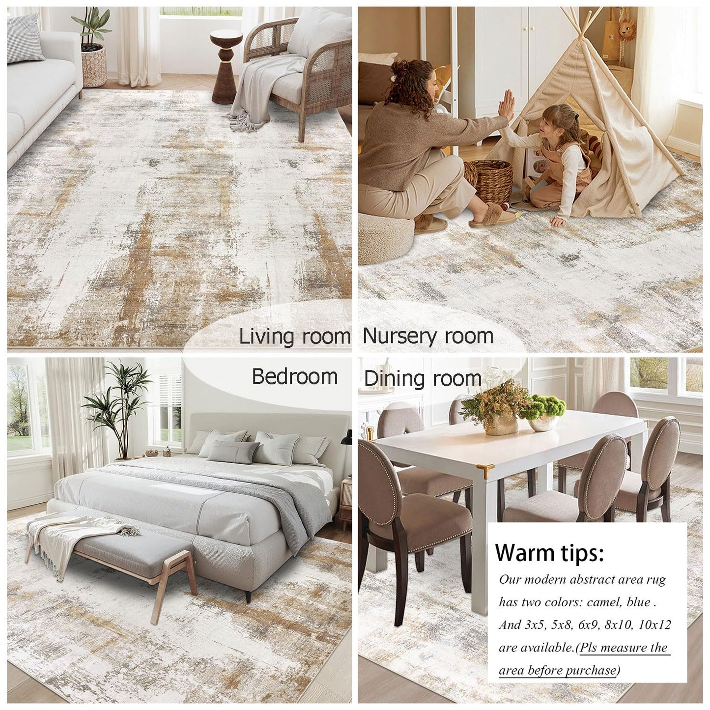 famibay Machine Washable Area Rugs 8x10 Rugs for Living Room Low Pile Neutral Area Rug Large Dining Room Rugs for Under Table Rubber Back Abstract Carpet for Living Room Under Bed(Beige/Camel
