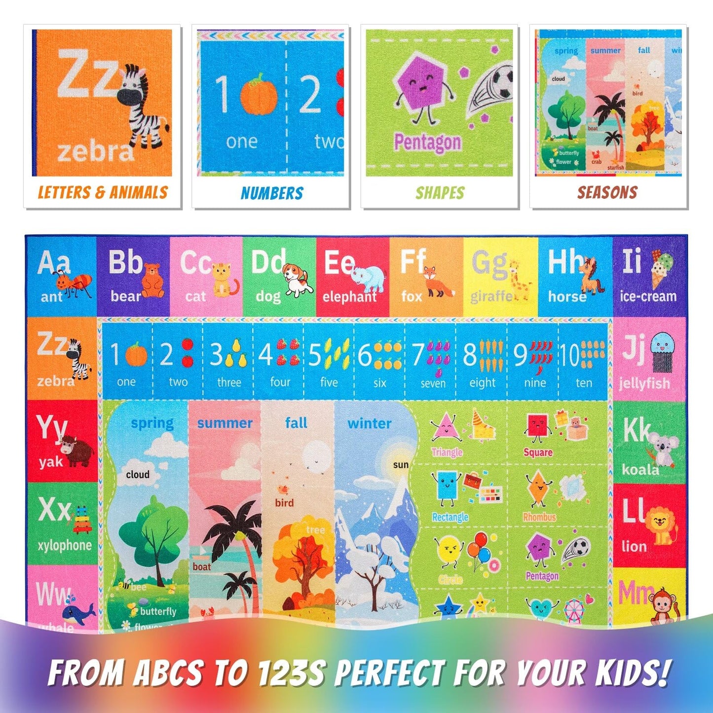 Macgace ABC Kids Rug for Playroom, 4x6 Washable Classroom Area Rugs, Toddler Educational Play Mat with Alphabet Numbers Seasons Shapes, Learning Fun for Preschool Children, Colorful