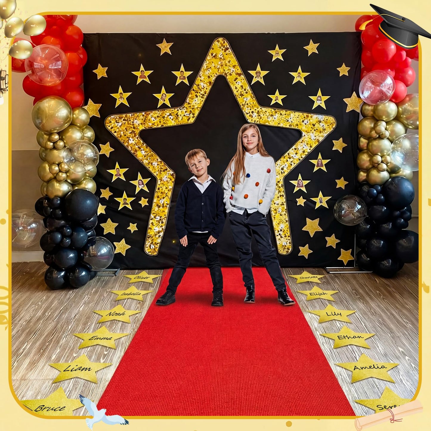 eBoot Red Carpet Runner Backdrop 23ft Graduation Aisle Runner with Large Star Backdrop and 24 Star Paper Cutouts for Graduation Ceremony End of Years Movie Theme Party Entrance Photo Booth Decorations