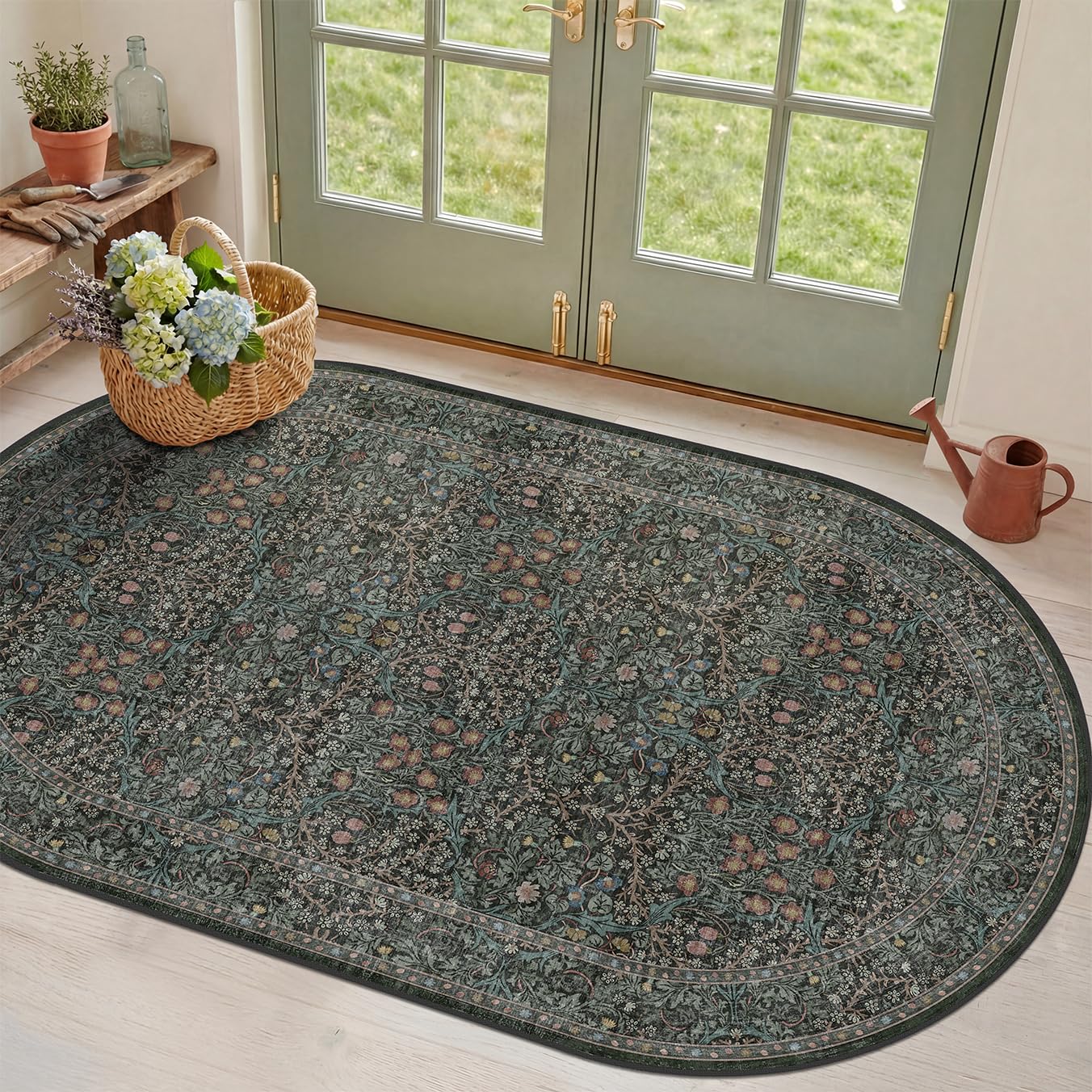 Washable 3x5 Oval Entryway Rugs, Small Oval Area Rugs for Bathroom, Kitchen, Bedroom, Reading Corner, Laundry Room, Mudroom, Non-Slip Stain Resistant Low Pile Throw Rug Indoor Door Mat (Dark Green)