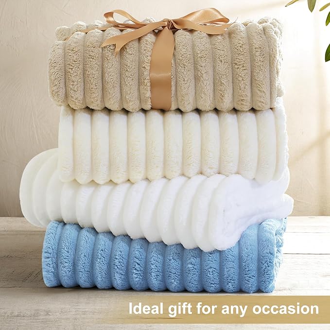 decorUhome Soft Fleece White Throw Blanket for Couch, Cozy Fluffy Plush Flannel Striped Blanket for Sofa Bed, Lightweight Decorative Ribbed Fuzzy Blanket for Woman, 50x60 Inches