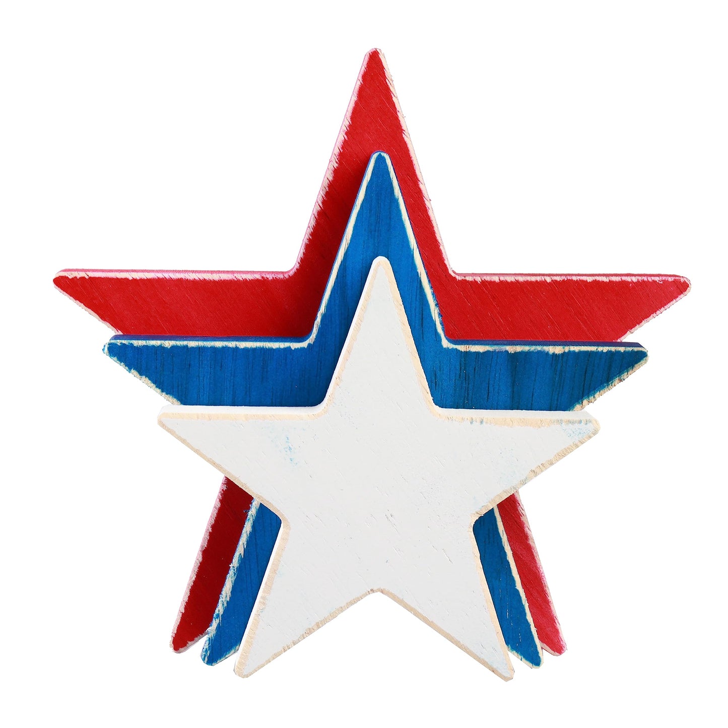 HH Family 4th of July Décor Handmade Rustic Patriotic Wood Stars - Set of 3, Red, White & Blue, Double-Sided Table Signs for Independence Day Decorations (Star1)