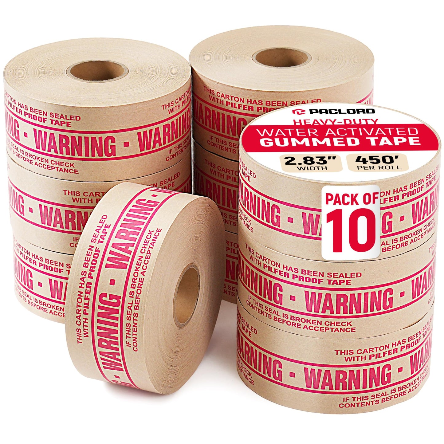 2.83" x 450' Water Activated Kraft Tape, Pack of 10 – Reinforced Gummed Paper Packing Tape for Shipping Boxes, Tamper-Proof, Eco Friendly, Strong Seal, Printed - Warning Tape