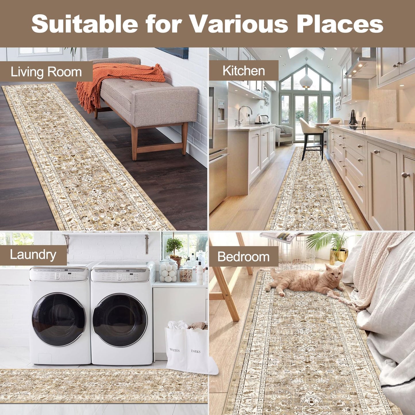 LOKHOM Washable Runner Rug, 2x8 Non-Slip Vintage Hallway Runner Rug with Rubber Backing, Boho Floral Soft Faux Wool Kitchen Rug Carpet Runner for Laundry Entryway Bedroom (Beige Brown)
