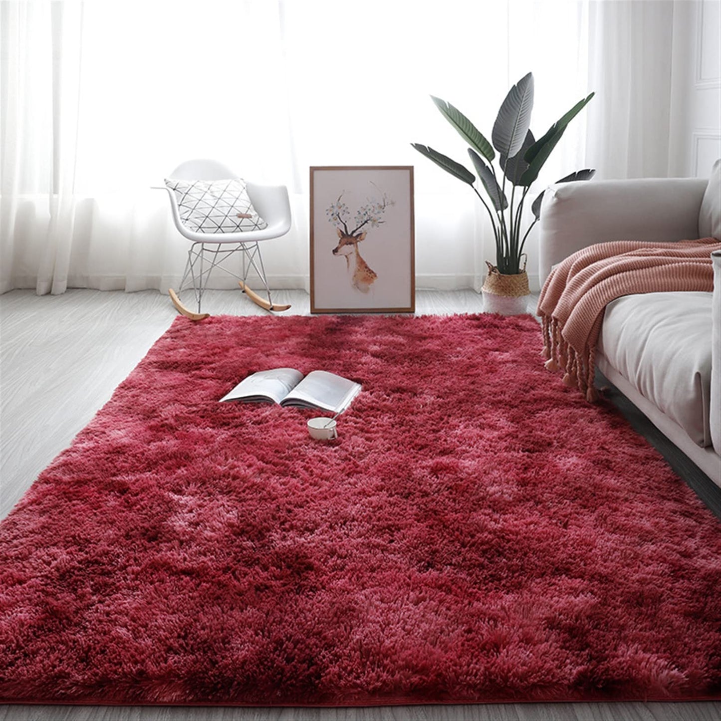 Lifup Soft Fluffy Modern Fuzzy Abstract Area Rug, Cozy Plush Rectangle Rug Shaggy Carpet for Living Room Bedroom Home Décor Tie Dye Wine Red 1.3 x 2.0 Feet