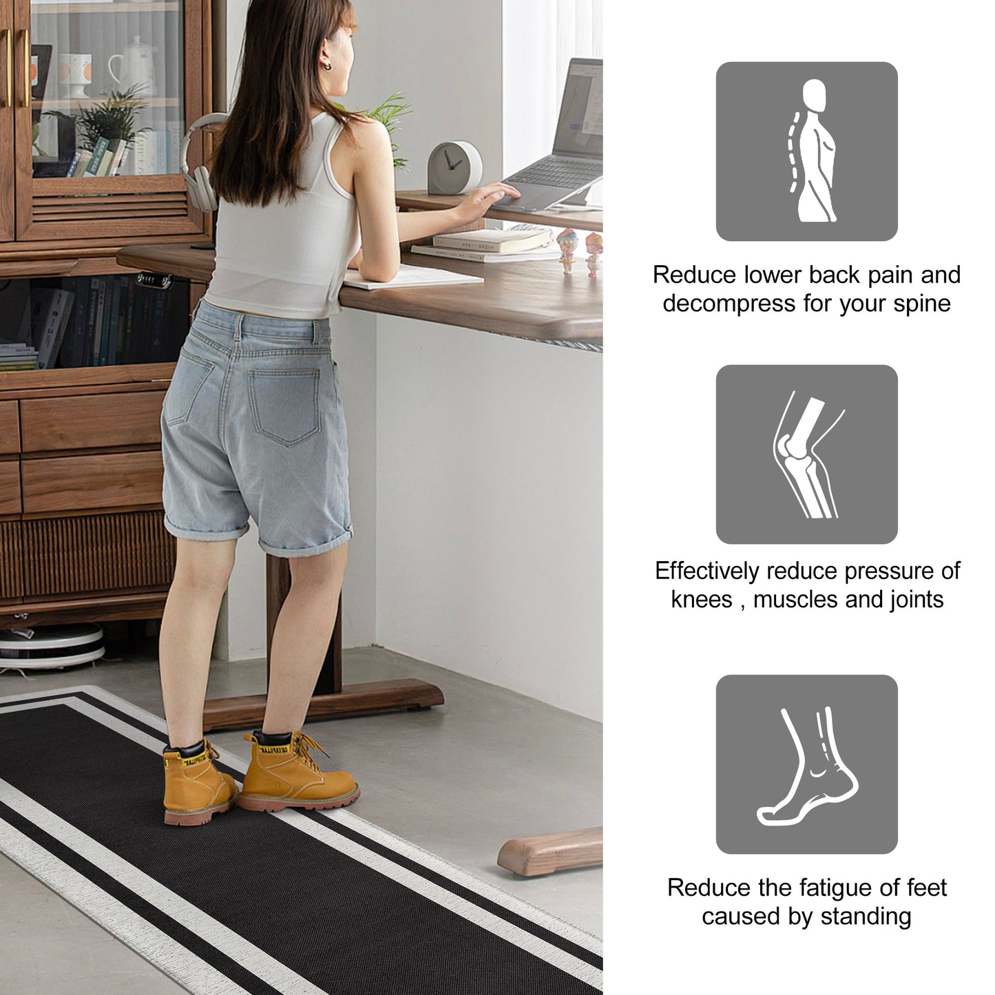 ATRUG Anti Fatigue Kitchen Mats Memory Foam Cushioned Rugs Non Skid Large Kitchen Rugs Comfort Standing Desk Mats for Kitchen Floor Office Home Laundry Room Waterproof Ergonomic Black 17.3"x 94.5"