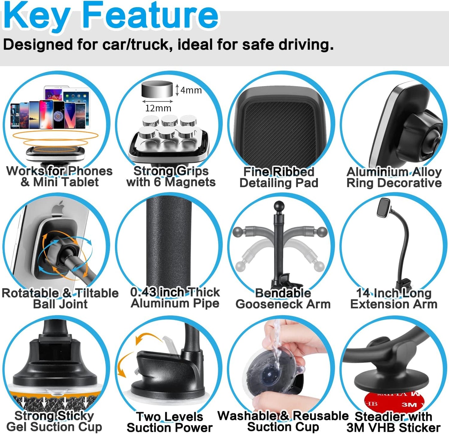 1Zero Magnetic Phone Car Mount 14-Inch Gooseneck Long Arm Extension, Universal Windshield Dashboard Industrial-Strength Suction Cup Car Phone Holder with 6 Strong Magnets, for All Cell Phones iPhone