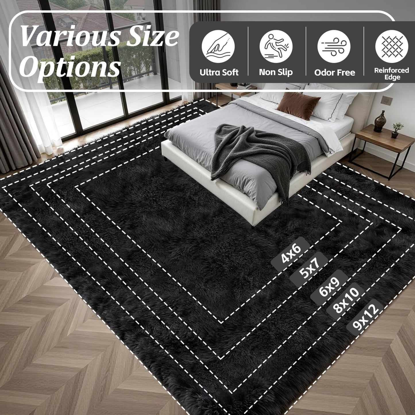 Fluffy Area Rugs 9x12 Living Room Bedroom: Ultra Soft Shag Rug Upgrade Non-Slip Non-Shedding Large Fuzzy Plush Carpet Indoor Floor Carpets for Kids Room Playroom Nursery Dorms Home Decor Black