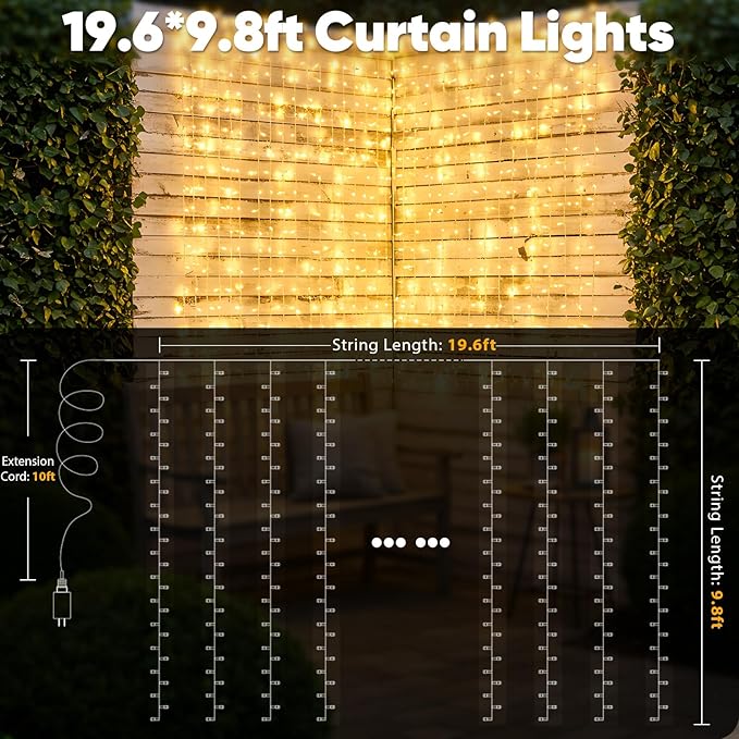 suddus 600 LED Christmas Curtain Lights Outdoor, 9.8x19.6ft Curtain Lights Plug in with Remote, Wall Hanging Lights for Christmas,Dorm,Wall,Window,Wedding,Party,Birthday Decor,Warm White