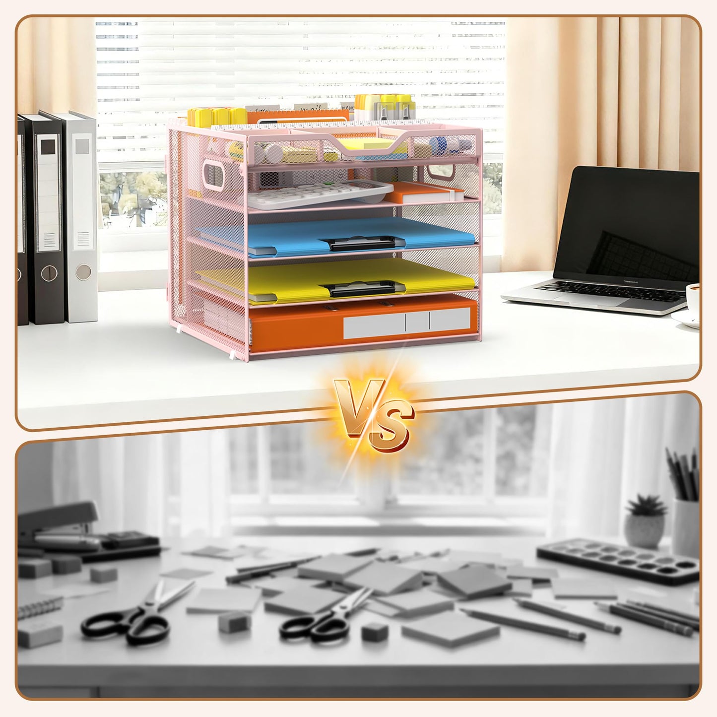 Docnest 5 Tier Letter Tray with Hanging File Organizer-Mesh Desk Organizer-Desktop Storage Box Built in Pen Holder and Handles, File Folder Holder for Mail Documents Office Supplies-Pink