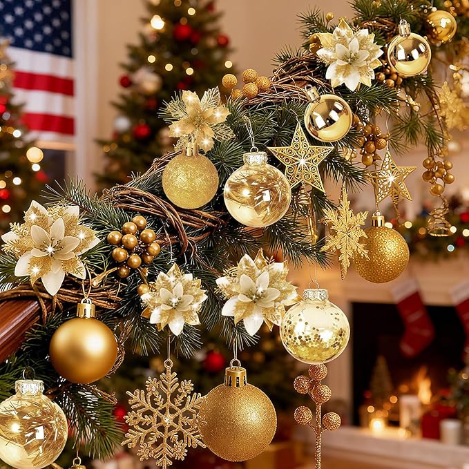 76Pcs Christmas Tree Decorations Set, Gold Assorted Ornaments with Large Shatterproof Plastic Balls, Star Tree Topper, Glitter Berries Stems, Ribbon for Indoor Garland Home Holiday Wedding Decor