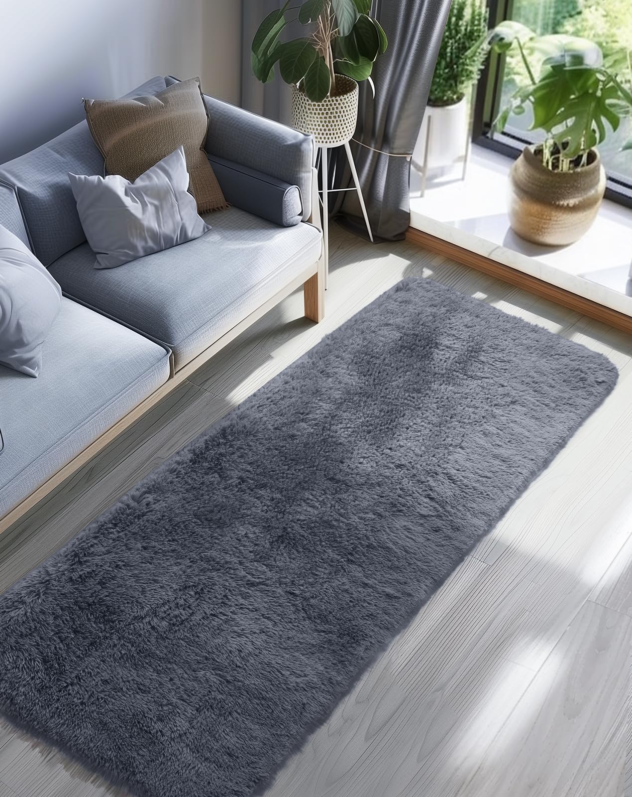 Ophanie 2x6 Washable Runner Rug for Hallway,Non-Slip Fluffy Soft Bedside Rugs, Bedroom Living Room Grey Shaggy Gray Carpet for Kids Girls Boys Dorm Nursery Home Decor Aesthetic