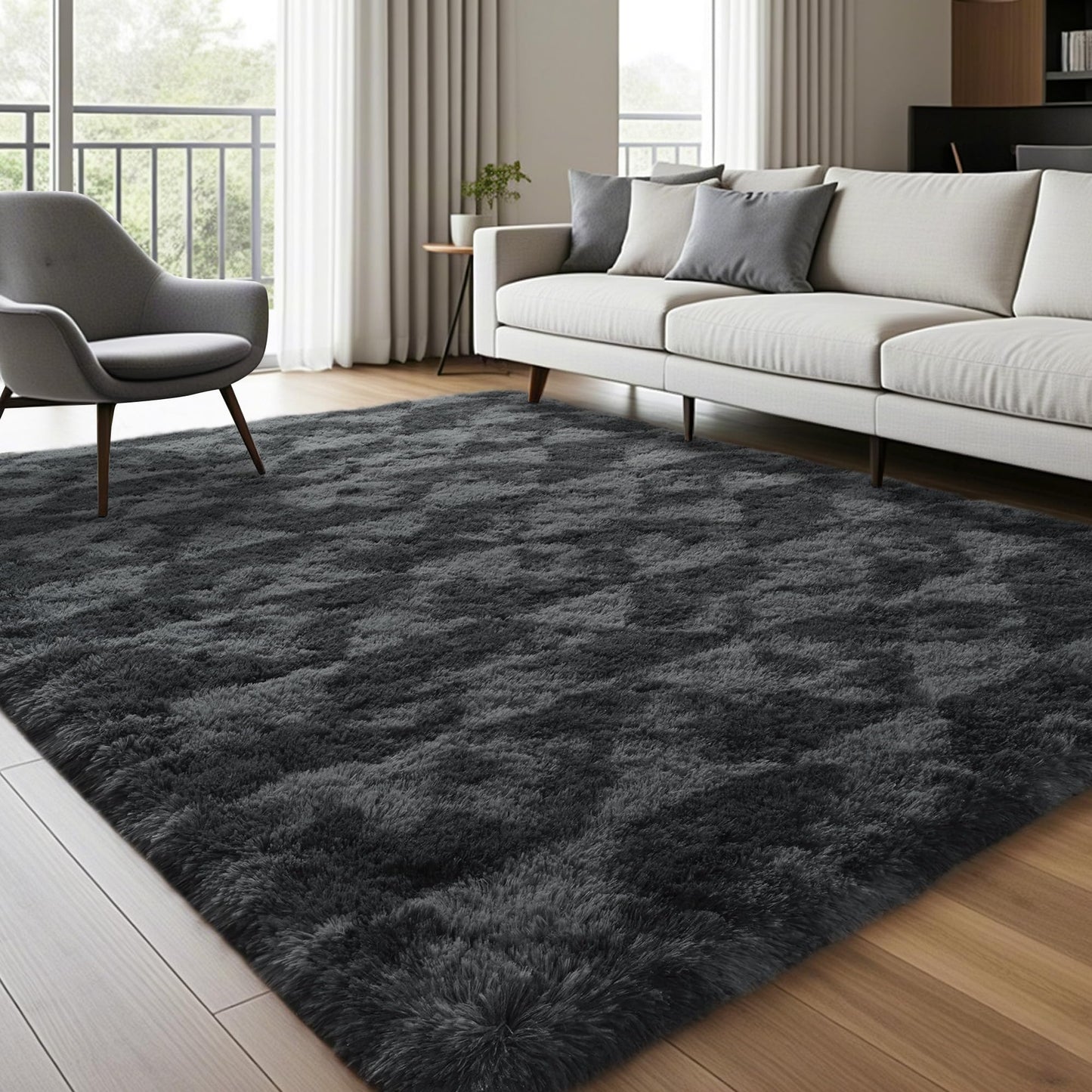 ISEAU 4x6 Area Rug for Living Room, Dark Grey Geometric Pattern Plush Rug for Bedroom, Kitchen, Soft Shaggy Carpets, Fluffy and Machine Washable Mats, Nursery Floors Mat, Boys Room Carpet Decor