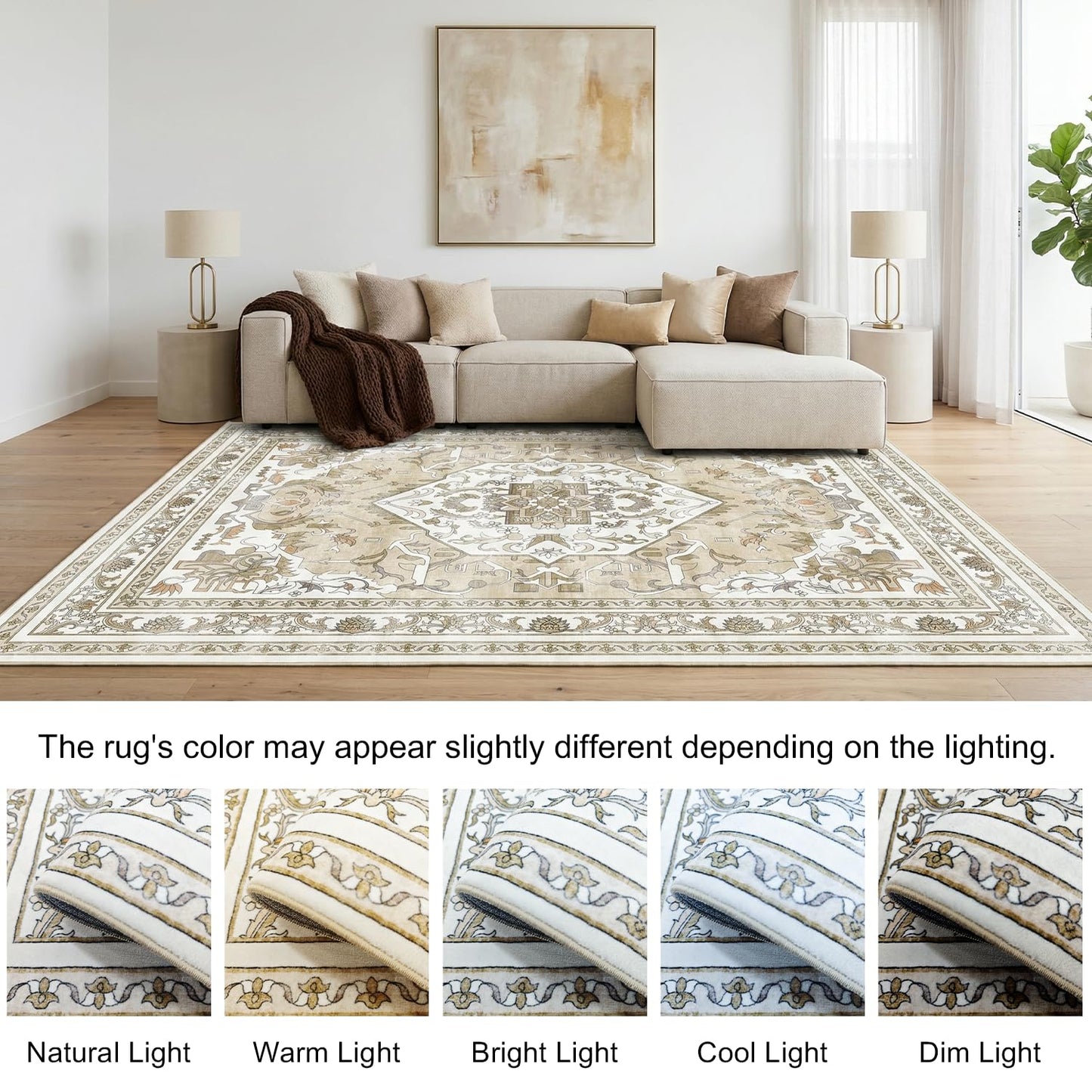 Cnythlis Extra Large Washable Area Rug Living Room Rug 9'x12', Vintage Medallion Non Slip Water Resistant Faux Wool Carpet for Bedroom Dining Room Office, 0.26" Low Pile, Beige & Ivory