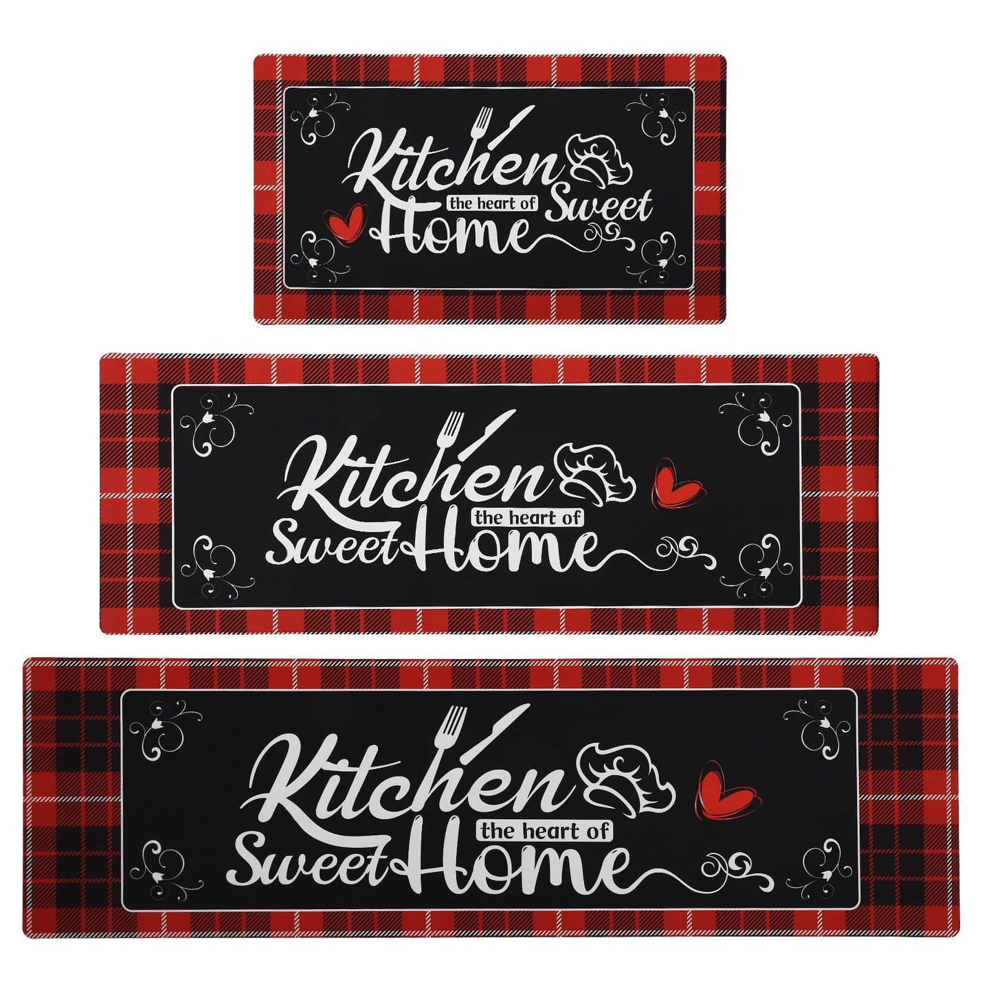 XLHOMO Kitchen Runner Rugs of 3, Red Non Slip Cushioned Kitchen Mat for Floor Waterproof Comfort Mats Farmhouse Chef Mats Floor Carpet