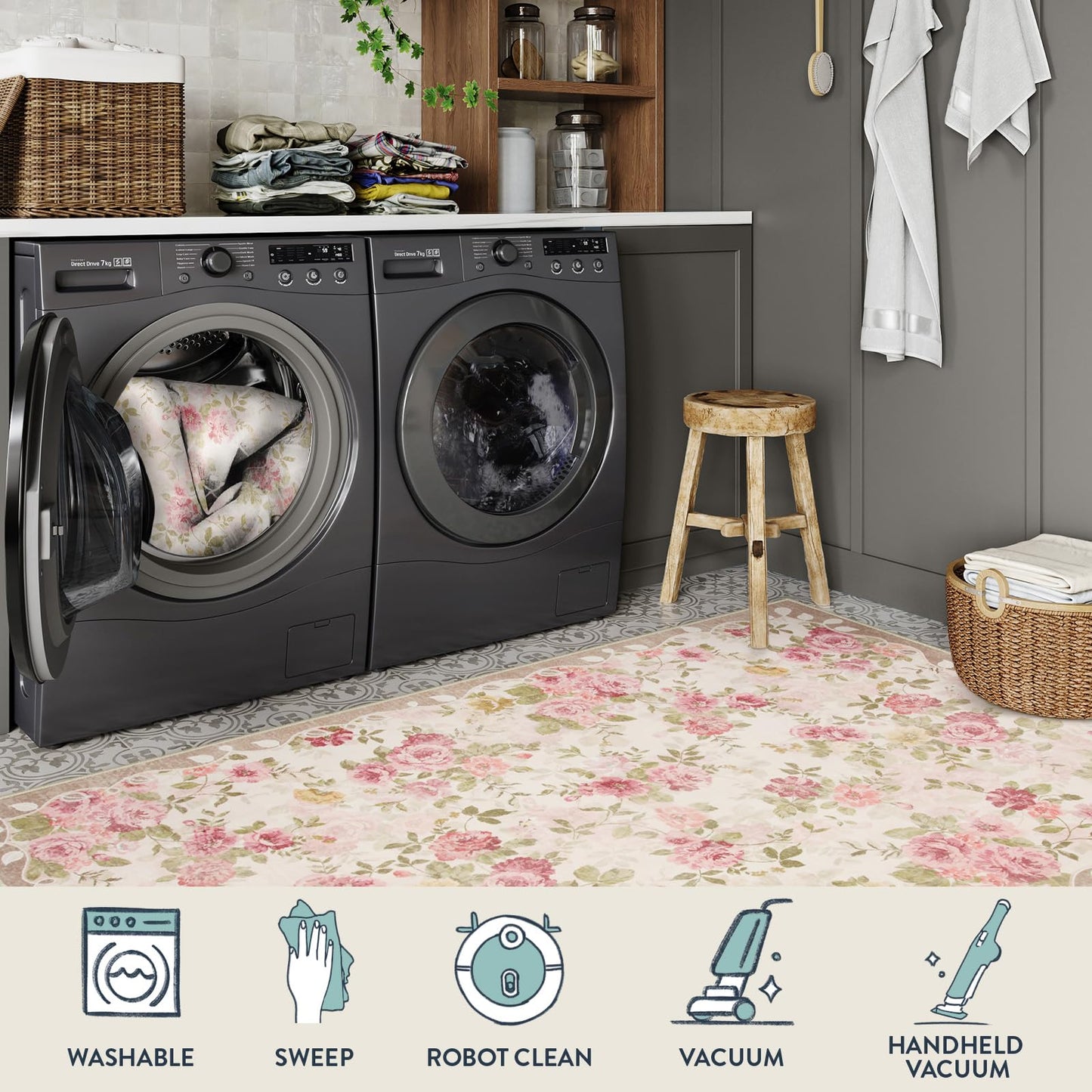 Lahome Floral Runners for Hallways Non Slip, 2x6 Washable Kitchen Runner Rug, Soft Boho Throw Carpet for Girls Bedside Bedroom Laundry Bathroom Nina Beige/Pink/Multi