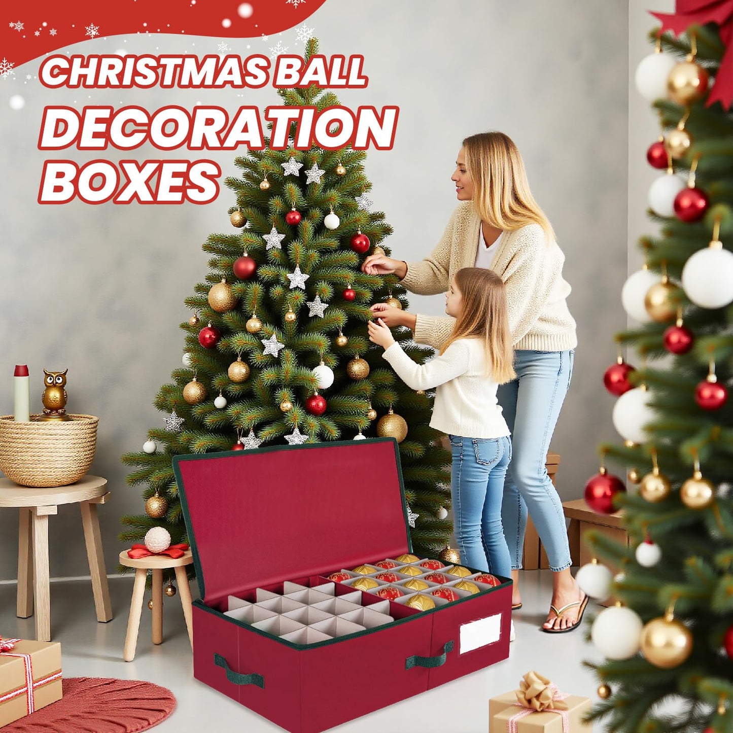 BlessedSeason Christmas Ornament Storage Box with Adjustable Dividers, Cube Storage Containers Organizer *2, Stackable Storage Bins Fit Balls (36 PCS 4’’ & 64 PCS 3”) Dual Zipper, Handles, Visual Slot