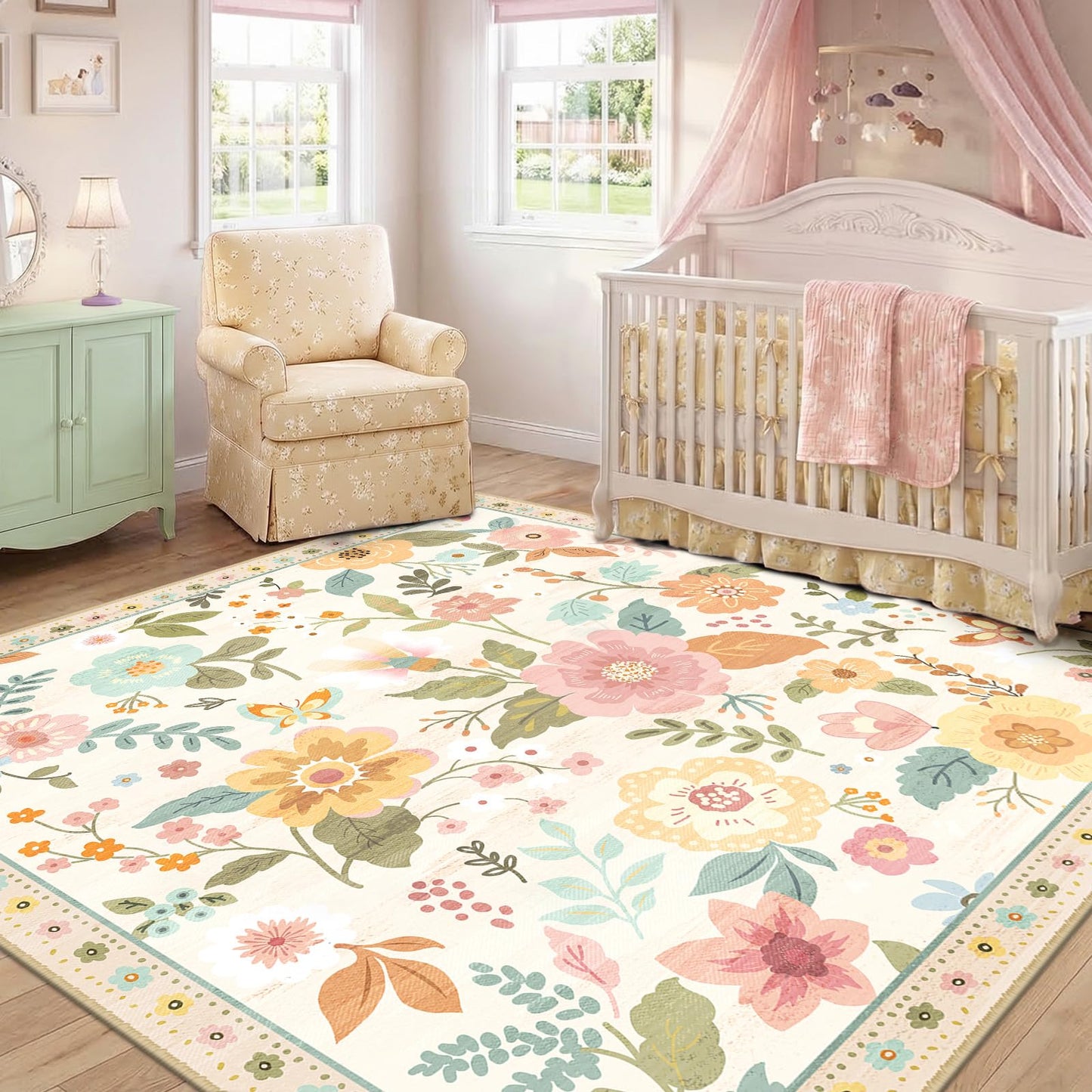 RELEANY Floral Square 5ft Area Rugs Washable Print Boho Cute Carpet Non Slip Flower Low Pile for Living Room Bedroom Kitchen Office Farmhouse-Beige/White/Orange