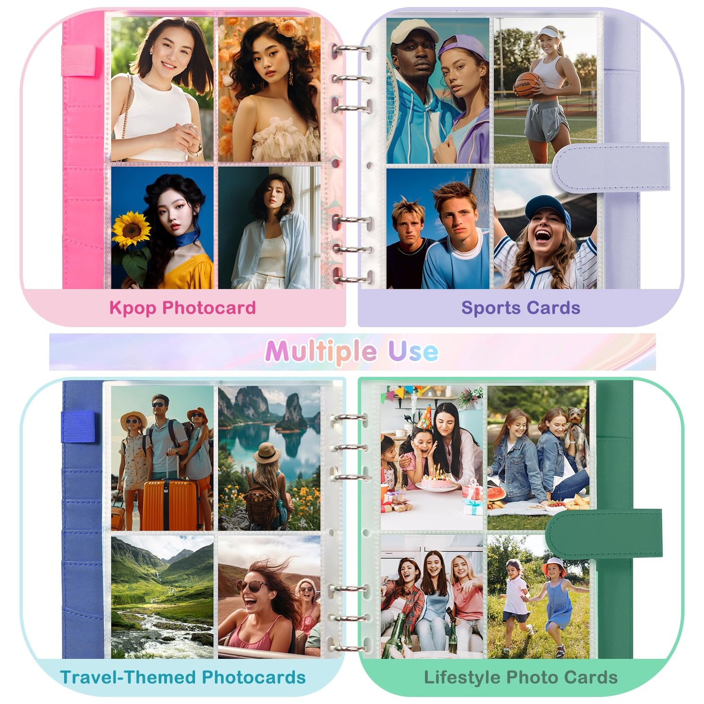 A5 Photocard Holder and Binder, PU Leather 6-Ring Album with Magnetic Closure, Includes 30 Pack 4-Pocket Pages for 240 Cards, Card Holder for Kpop, Trading, and ID Cards (Forest Green)