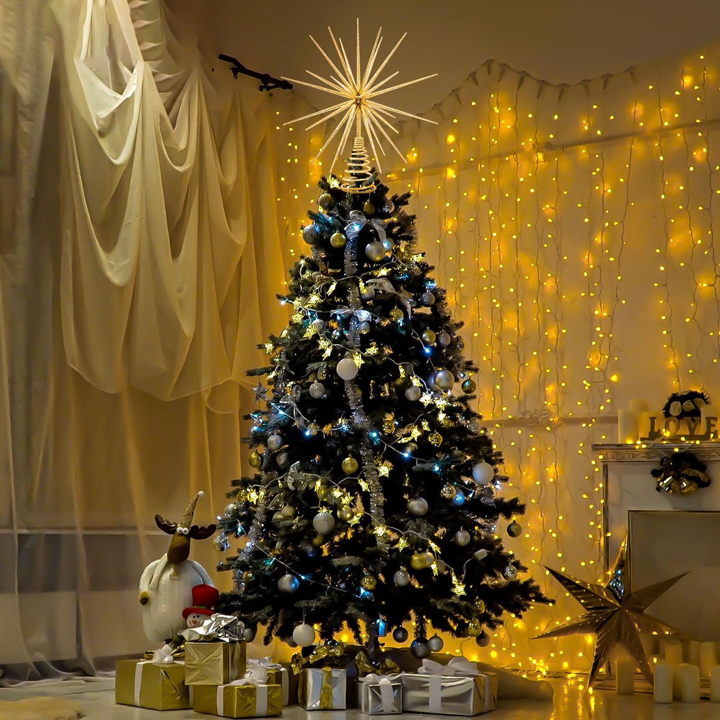 13.7 Inch Gold Christmas Tree Topper - 3D Burst Gold Tree Topper, Exploding Star Christmas Tree New Year Holiday Tree Decoration
