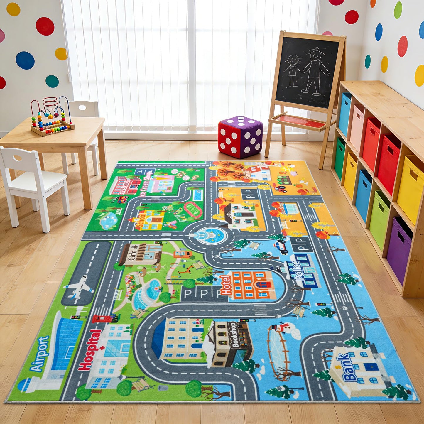 Car Rug for Kids Toy Cars, Town City Track Road Carpet Playmat with Non-Silp Backing, Traffic Playmat for Road Washable Rugs Four Seasons Theme Traffic Mat for Kids Room Bedroom Game Safe Area, 3'x4'