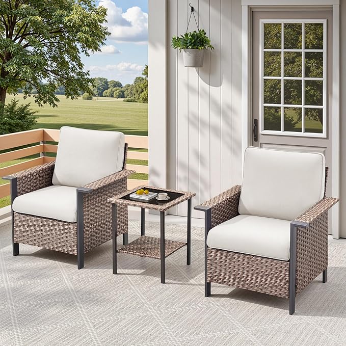 2 Pieces Outdoor Patio Furniture Set-Outdoor Wicker Chairs of 2, All Weather High Back Rattan Chairs 2-Seater with Comfy Cushions for Patio Porch Deck Brown/Beige