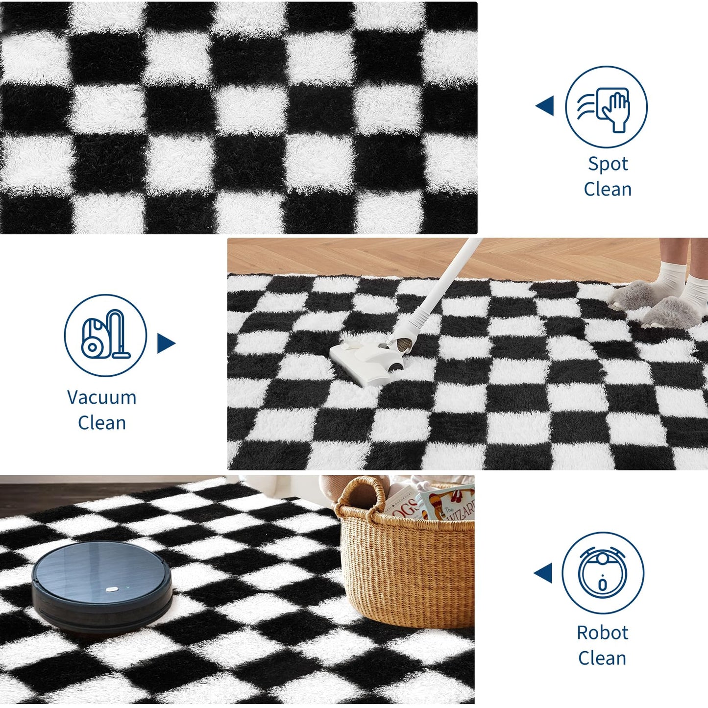 Garvee Checkered Area Rug 9x12 Large Rug Thick Super Soft Shaggy Rugs Fluffy Carpet Fluffy Fuzzy Shag Washable Rugs for Living Room Nursery Bedroom Luxury Playroom Teen Plush Carpets,Black and White