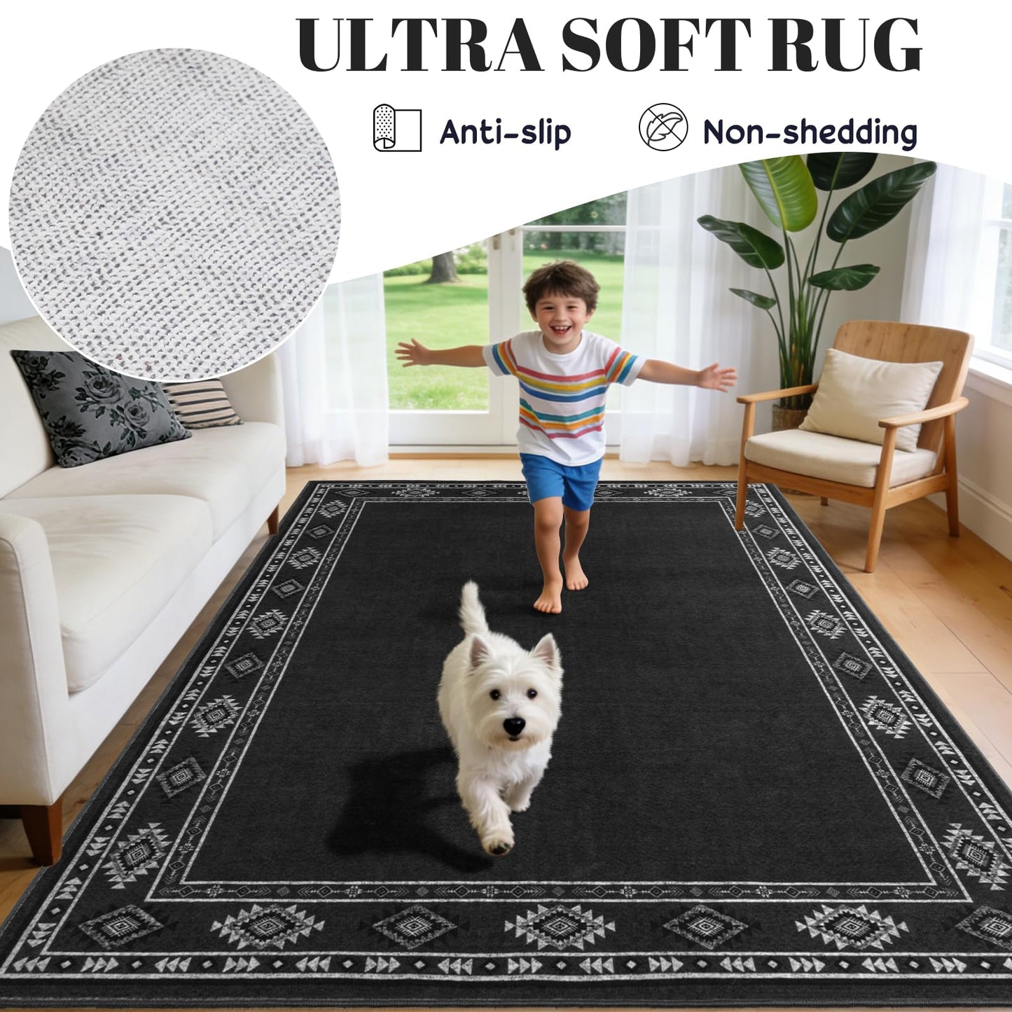 QDUIDU Large Area Rug for Bedroom Living Room, 4x6 Feet Ultra Soft Dark Grey Rugs Washable Modern Geometric Bordered Non Slip Low Pile Carpets Home Decor