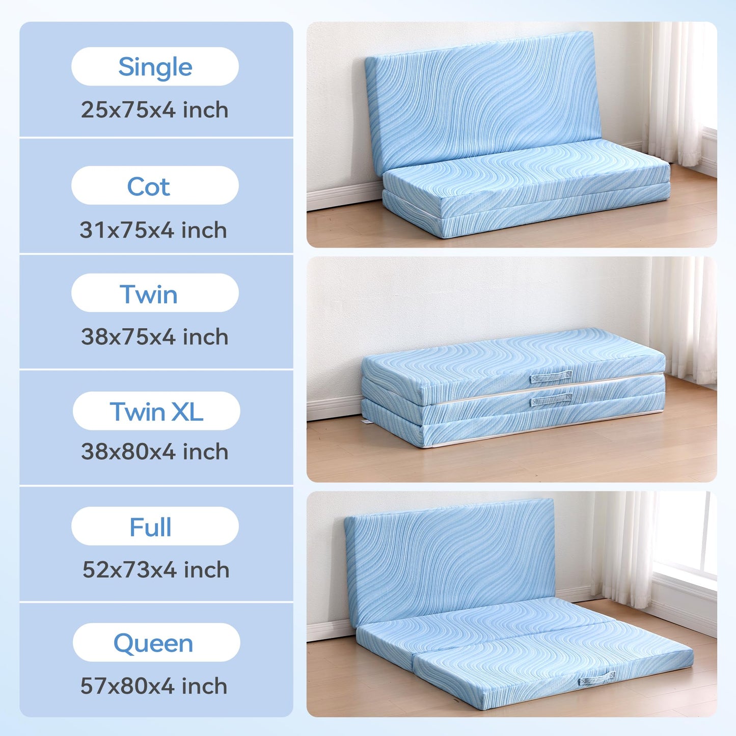 SINWEEK Foldable Trifold Tri Fold Portable Folding Topper Full - 3.8 Inch Memory Foam & High Density Foam with Cooling Fabric, Floor Mat for Travel Camping RV Temporary