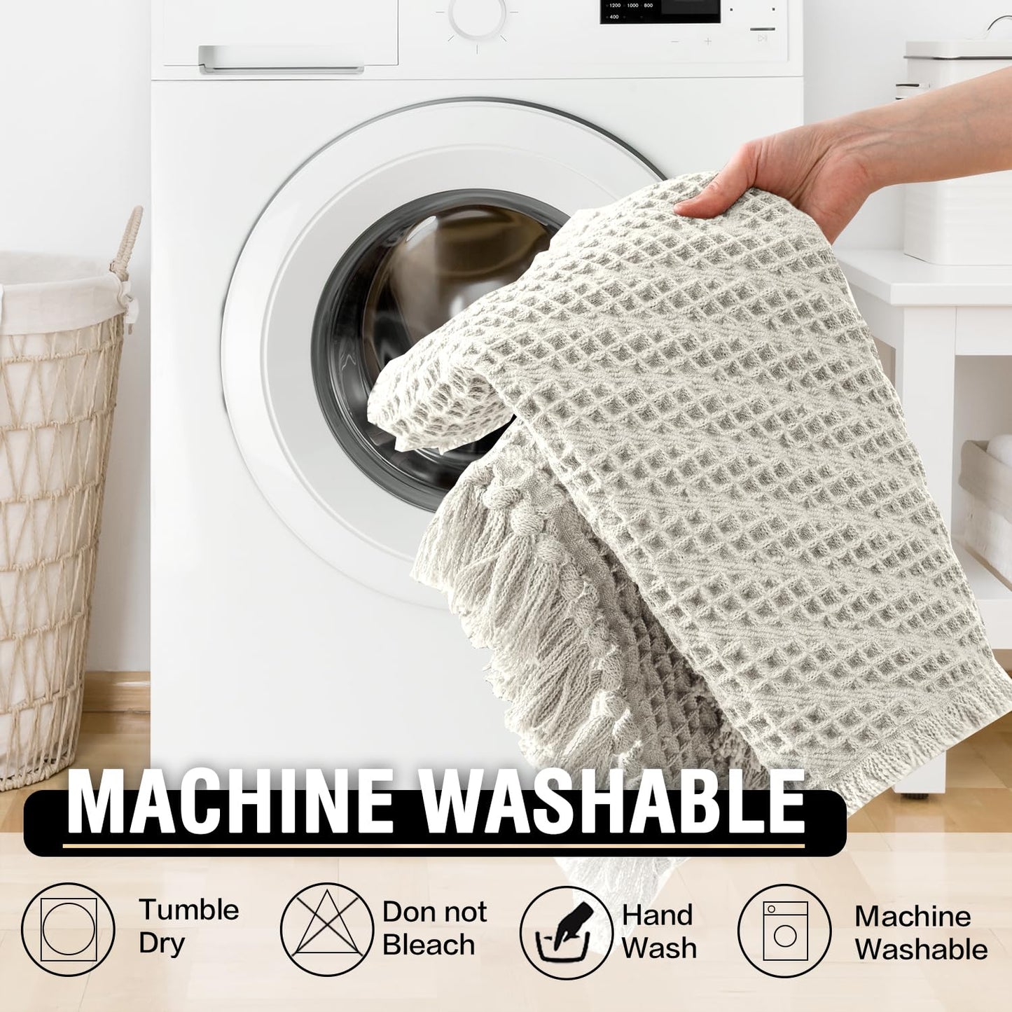 H.VERSAILTEX Waffle Bath Mat Super Absorbent Boho Bath Mat Non Slip Bath Rugs for Bathroom Floor Machine Washable Dry Fast Bathroom Rugs with Tassels (47 x 17 Plus 17 x 24 Inches, Ivory White)