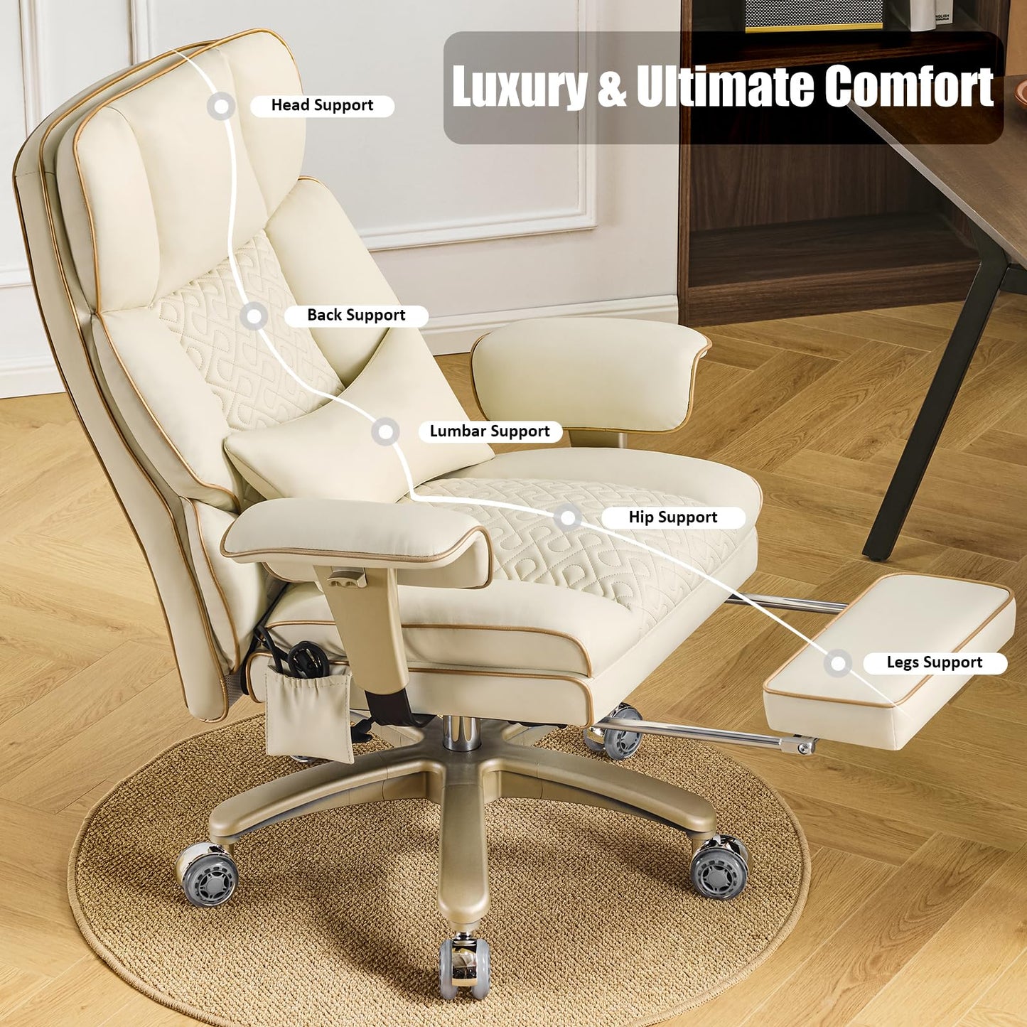 Furnistyle Leather Office Chair with Footrest, High-Back Executive Office Chair with Adjustable Lumbar Support, Luxury Desk Chair with Silent Wheels Rocking 360° Swivel, Height Adjustment,Beige