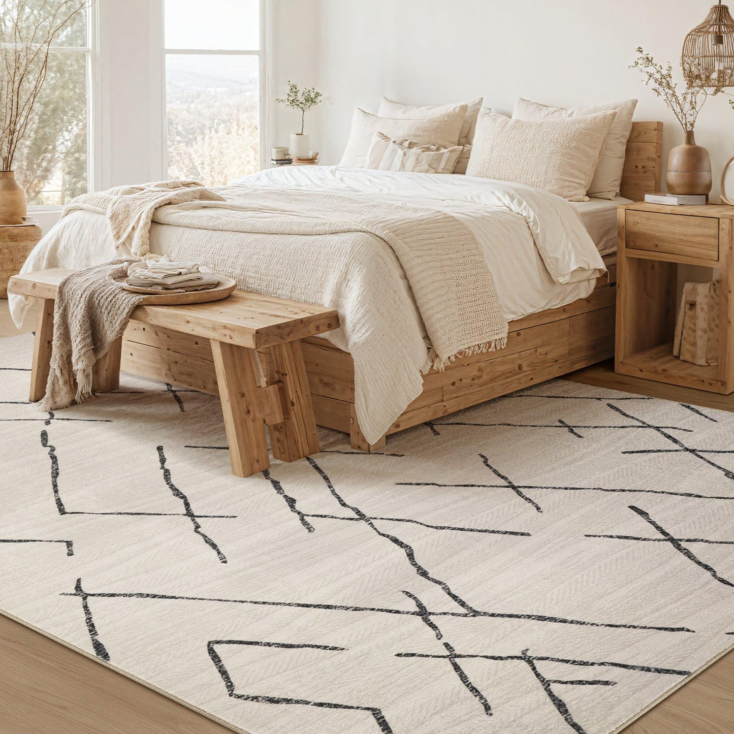 kakania 6x9 Washable Area Rug: Non Slip Soft Thin Carpet, Boho Geometric Modern Decor, Easy Clean Indoor Floor Rugs for Living Room Bedroom Kids Dorm Office Dining - Beige