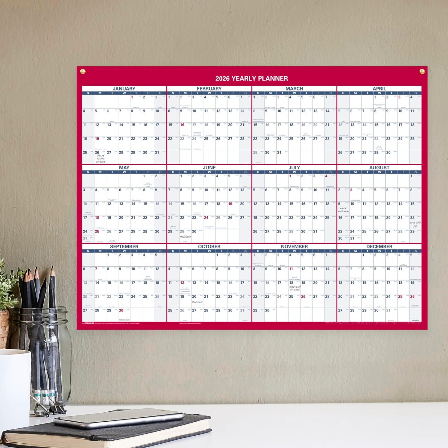 AT-A-GLANCE 2026 Erasable Calendar, Dry Erase Wall Planner, 12" x 16", Small, Vertical-Horizontal, Reversible, Compact (PM330B2826)