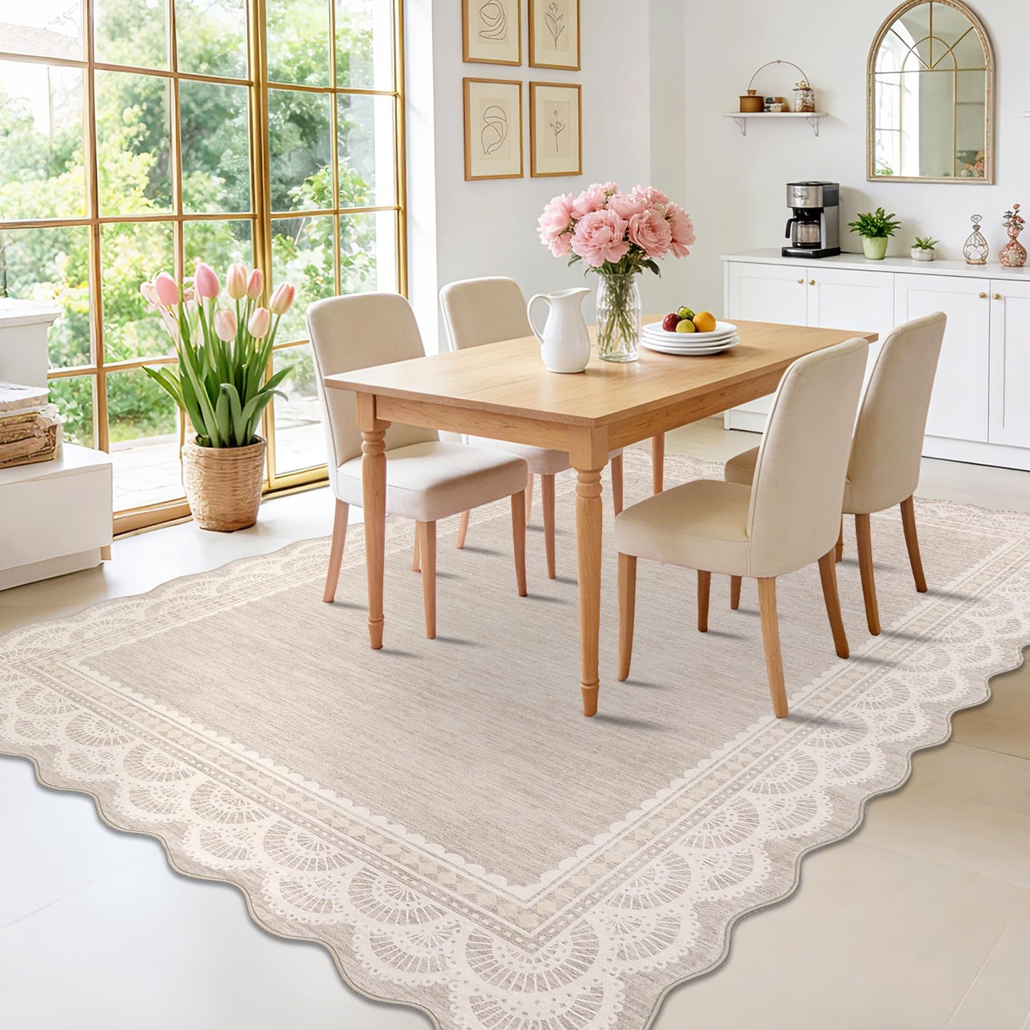 COZYLOOM 8x10 Area Rugs for Living Room Scalloped Lace Border Washable Rug with Non Slip Backing, Non Shedding Low Pile Soft Carpet Stain Resistant Farmhouse Mats for Dining Room, Bedroom, Beige
