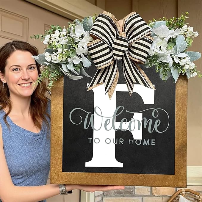 16'' Personalized Last Name Welcome Sign, Door Wreaths for Front Door Outside, Spring Wreath for Front Door Decor, Farmhouse New Home Gifts for Home (F)