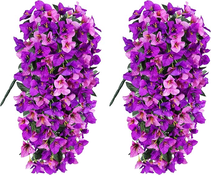 HyeFlora Bougainvillea Artificial Hanging Flowers Plants for Outdoors Decoration, 2pcs Fake Flowers Silk Bougainvillea Vines Realistic UV Resistant Faux Flowers for Outdoor Planters Porch Patio, Mix
