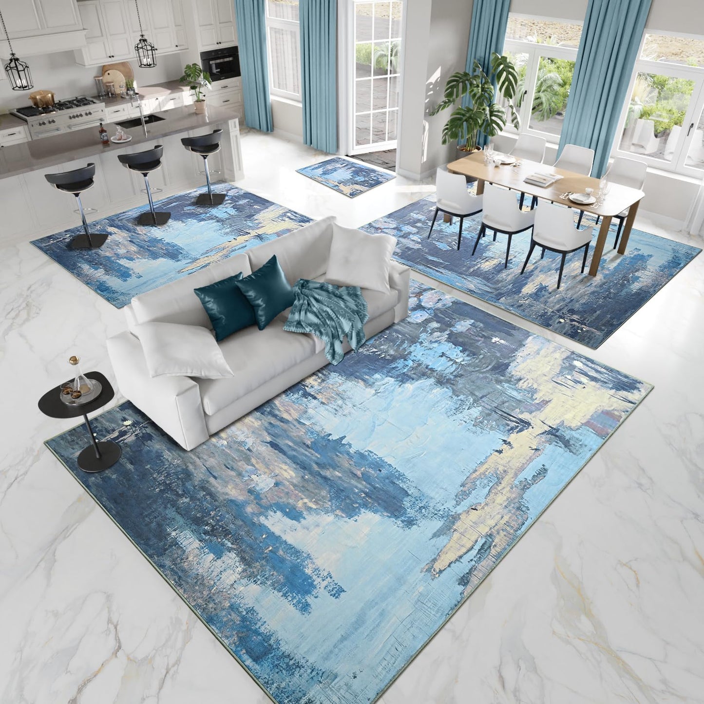 ULTSOFE 4x6 Blue Area Rugs for Bedroom Bedside, Washable Rug for Kitchen, Living Room, Laundry, Bathroom, Entrance, Office, Non-Slip Modern Abstract Faux Wool Low Pile Entrayway Rug Large Carpets