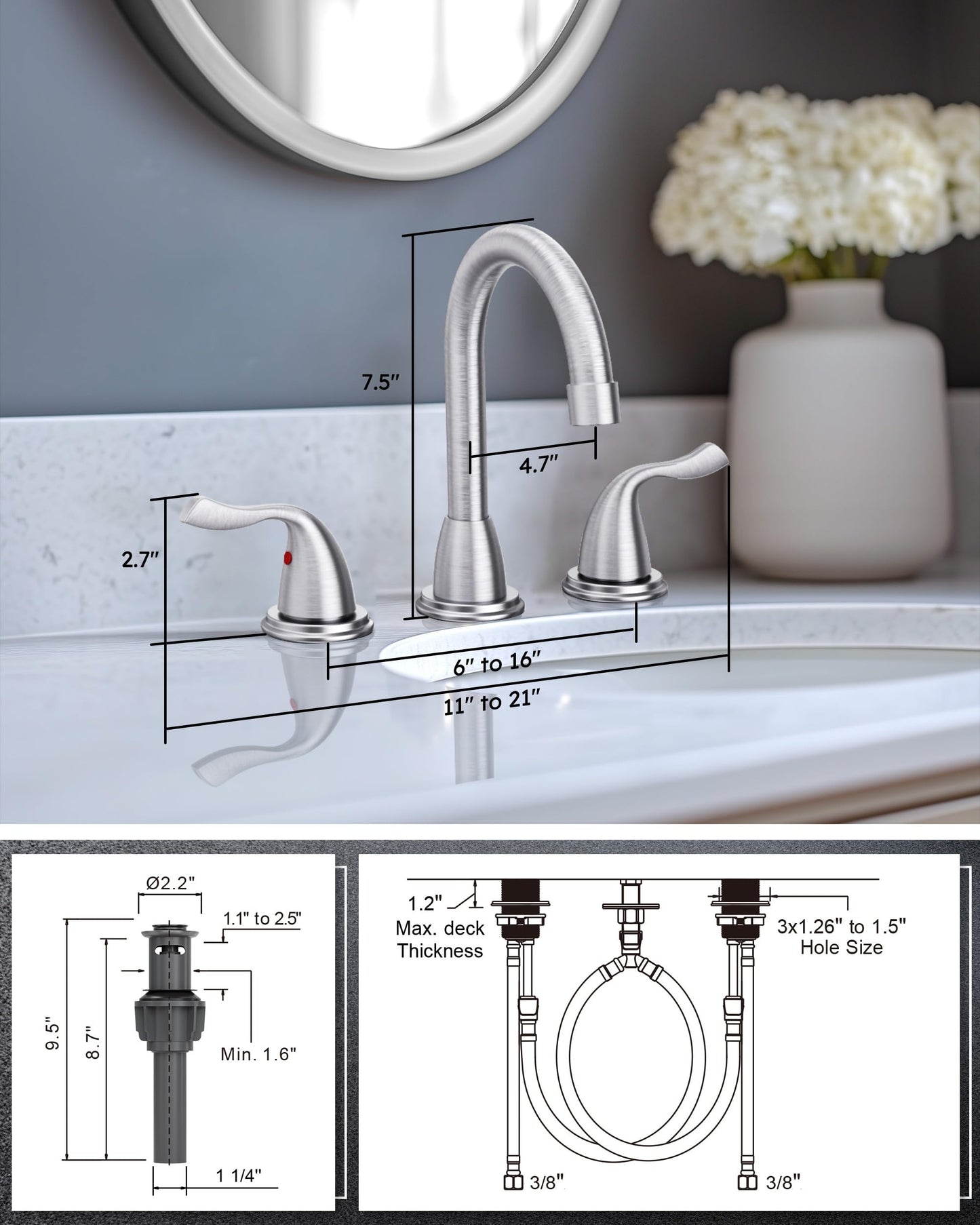 Bathroom Sink Faucet 3 Hole Brushed Nickel, ARCORA 8 Inch Widespread Bathroom Faucet, 2 Handles Bathroom Faucet with Pop Up Drain and cUPC Supply Lines
