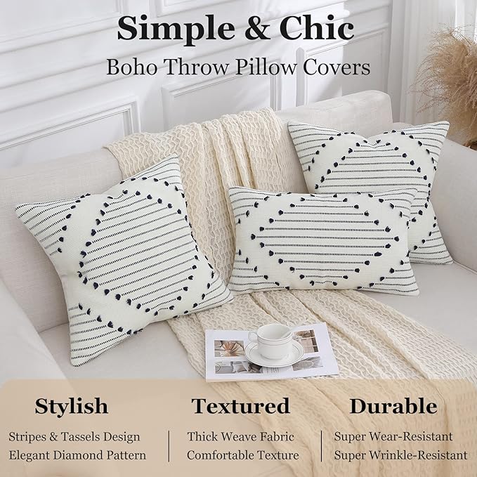Mecatny Boho Outdoor Throw Pillow Covers 20X20 Set of 2, Farmhouse Decorative Pillow Covers for Couch Sofa Living Room, Navy & Cream White