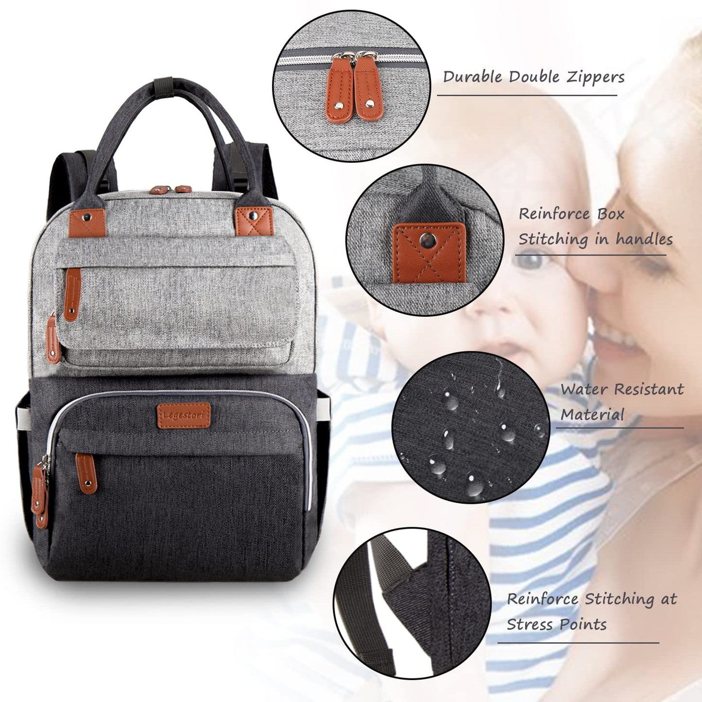 Diaper Bag Backpack, Baby Bag for Boys Girls, Large Diaper Backpack Travel Diaper Bags with Insulated Pockets Baby Registry Search Shower Gifts Newborn Essentials for Mom Dad, Waterproof Grey