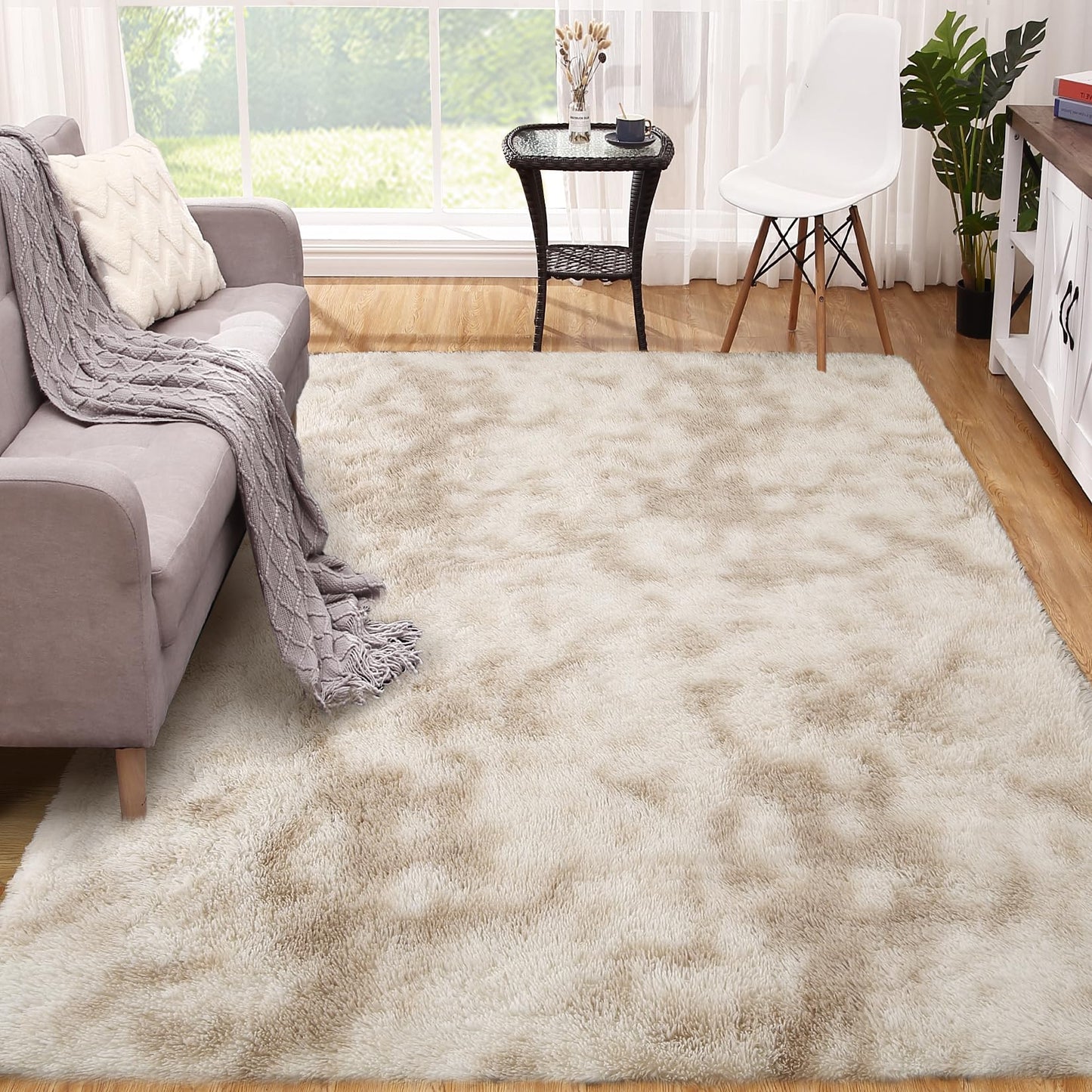 CAROMIO 9x12 Fluffy Area Rugs for Living Room Modern Plush and Thick Faux Fur Shag Rug Non-Slip Tie Dye Carpet for Bedroom, Fuzzy Shaggy Rugs for Kids Nursery Dorm, Beige Taupe