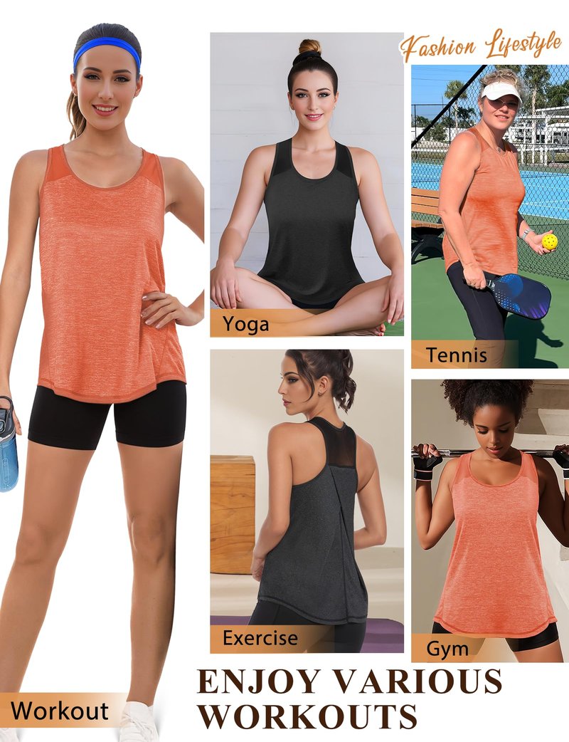 AURUZA Womens Workout Tops, Racerback Tank Tops for Women Athletic Yoga Tops Mesh Tennis Shirts Running Sleeveless Gym Top (Black, Small)
