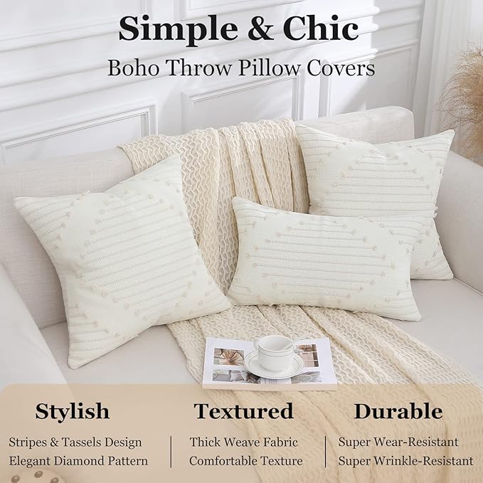 Mecatny Boho Outdoor Throw Pillow Covers 12X20 Set of 2, Farmhouse Lumbar Pillow Covers for Couch Sofa Living Room, Beige & Cream White