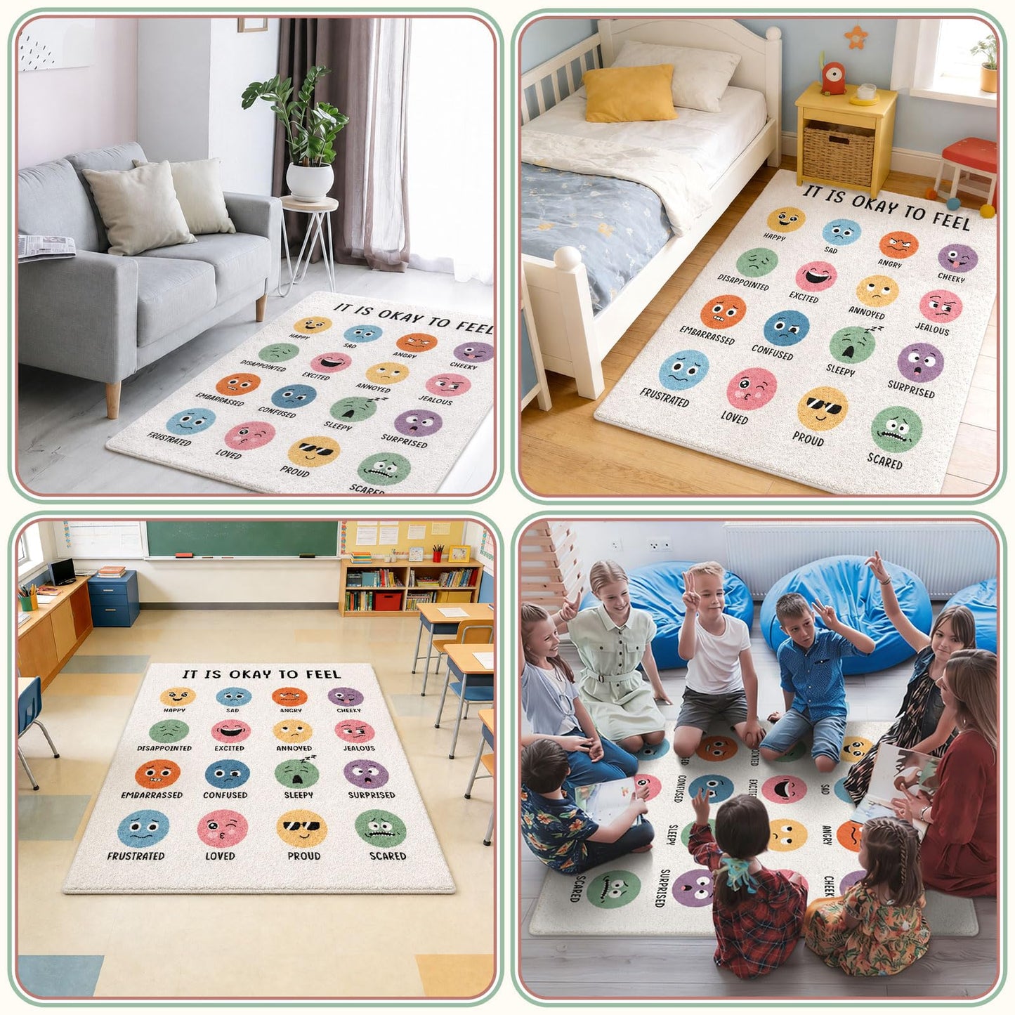 3.3x4 ft Calming Corner Items Calm Corner Classroom Rug Feelings Chart Emotion Area Rug Back to School Floor Mat Soft Fluffy Mental Health Non-Slip Play Carpet for Nursery Playroom Bedroom Living Room